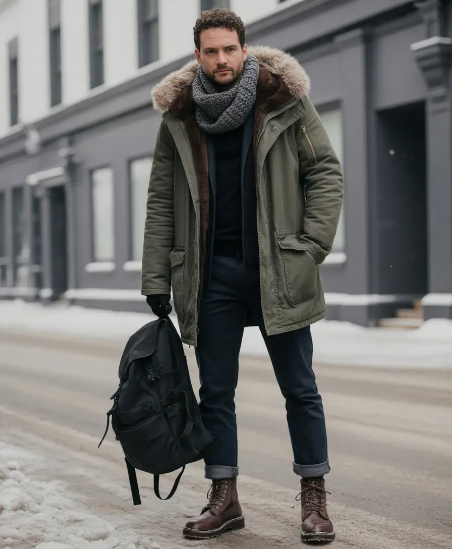 winter outfits men Military Parka with Rugged Details