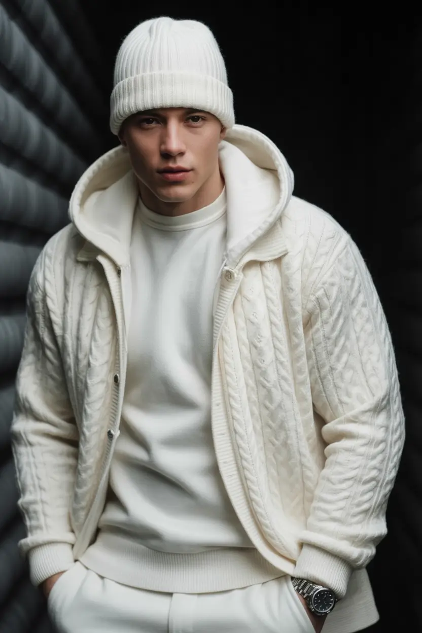 winter outfits men All-White Winter Minimalism