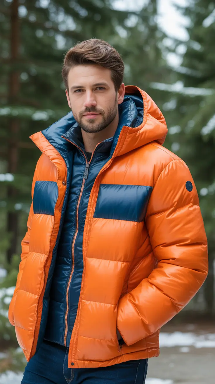 winter outfits men Bold Orange and Navy Puffer Energy