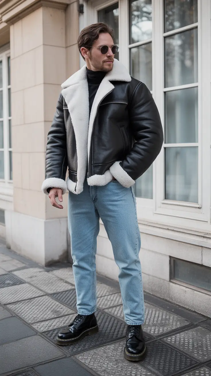 winter outfits men Black Shearling Edge