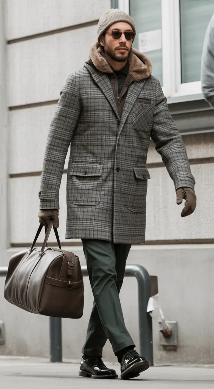 winter outfits men Checked Coat with Travel-Ready Elegance