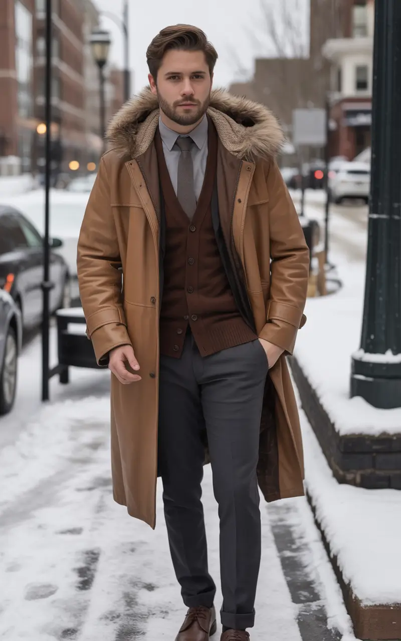 winter outfits men Layered Business Chic with Fur Hood