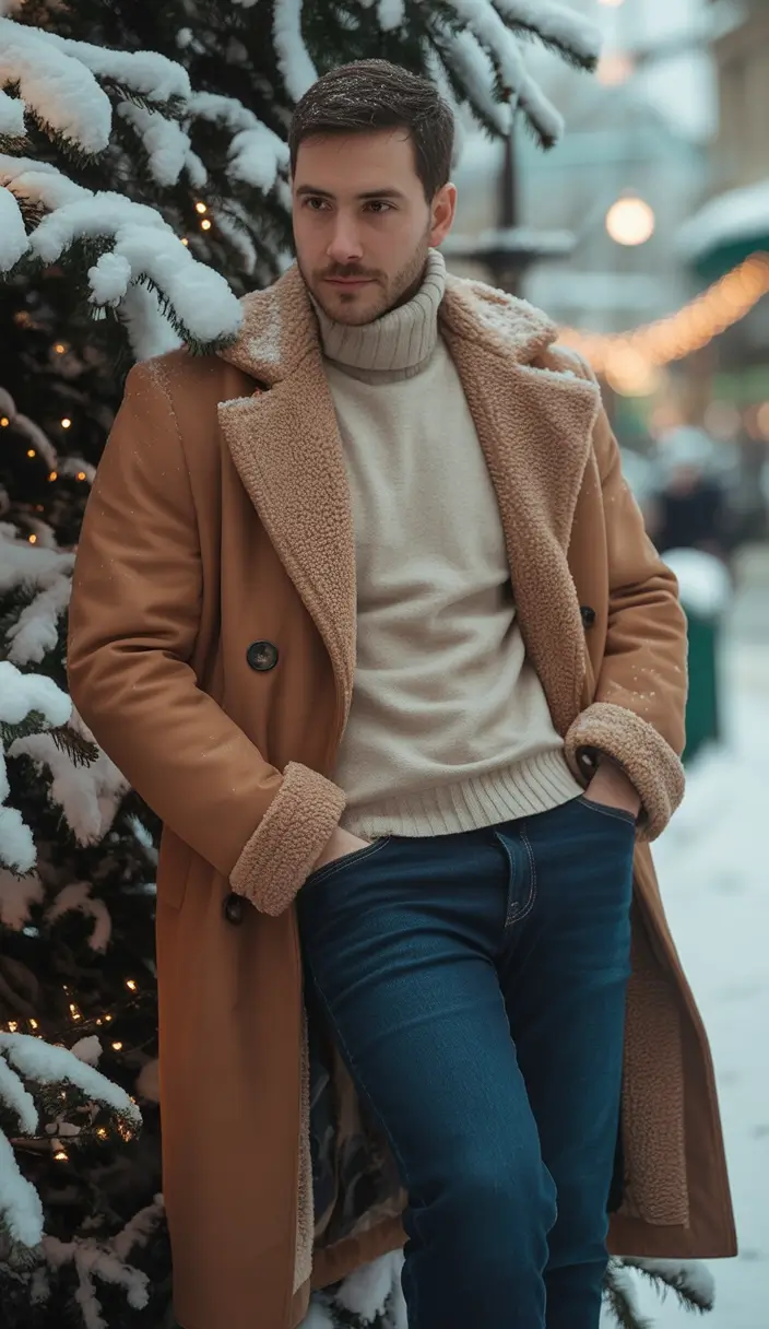 winter outfits men Cozy Camel Coat and Denim Simplicity
