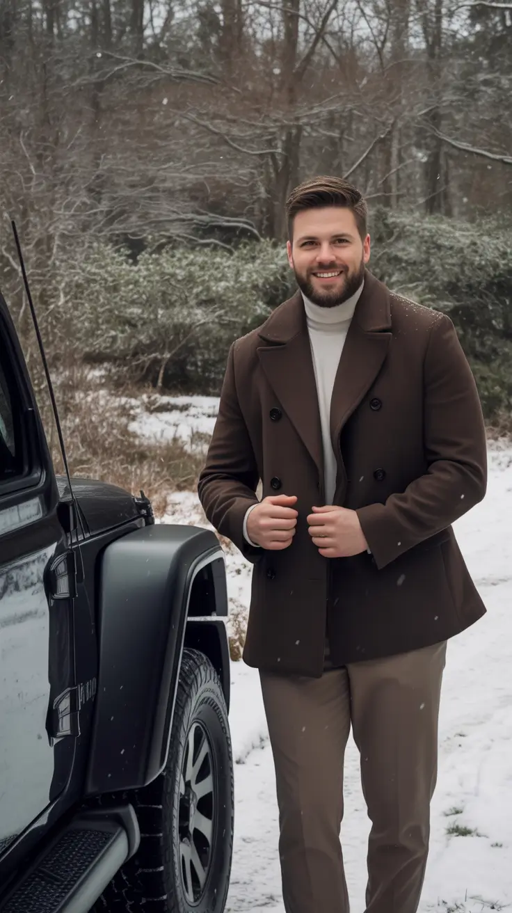 winter outfits men Brown Peacoat with Turtleneck Elegance