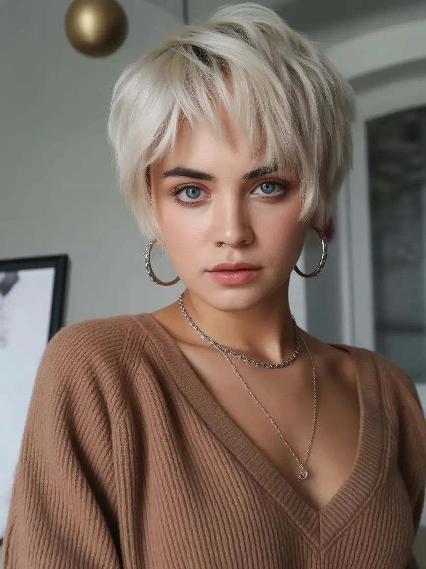 winter pixie haircuts Platinum Layered Pixie with Bangs