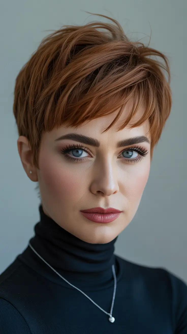 winter pixie haircuts Chestnut Brown Pixie with Soft Bangs