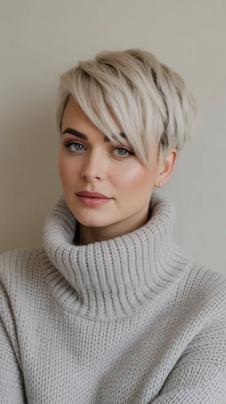 winter pixie haircuts Frosty Blonde Side-Swept Pixie