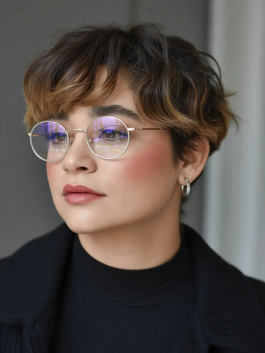 winter pixie haircuts Wavy Brunette Pixie with Highlights