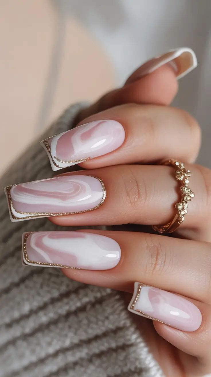 Best Winter Nail Colors Marble Elegance With Gold Borders