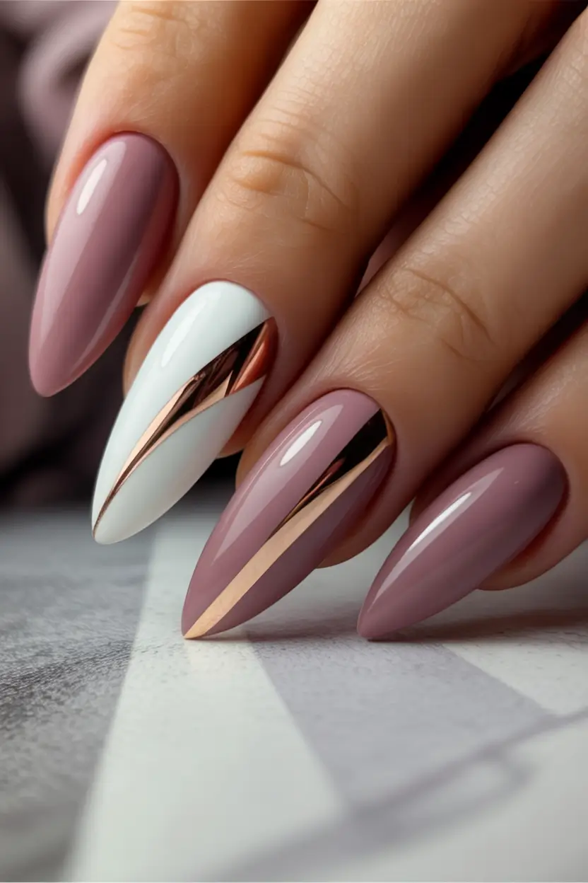 Best Winter Nail Colors Mauve & White With Rose-Gold Stripes