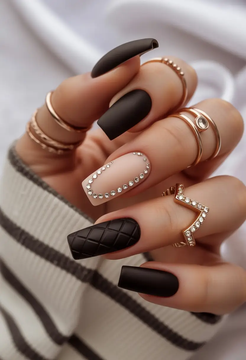 Best Winter Nail Colors Matte Black With Crystal Accents