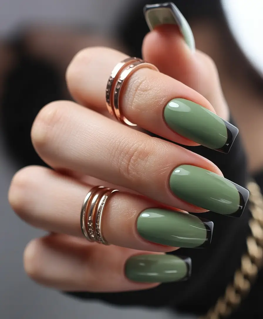 Best Winter Nail Colors Olive Green With Black French Tips