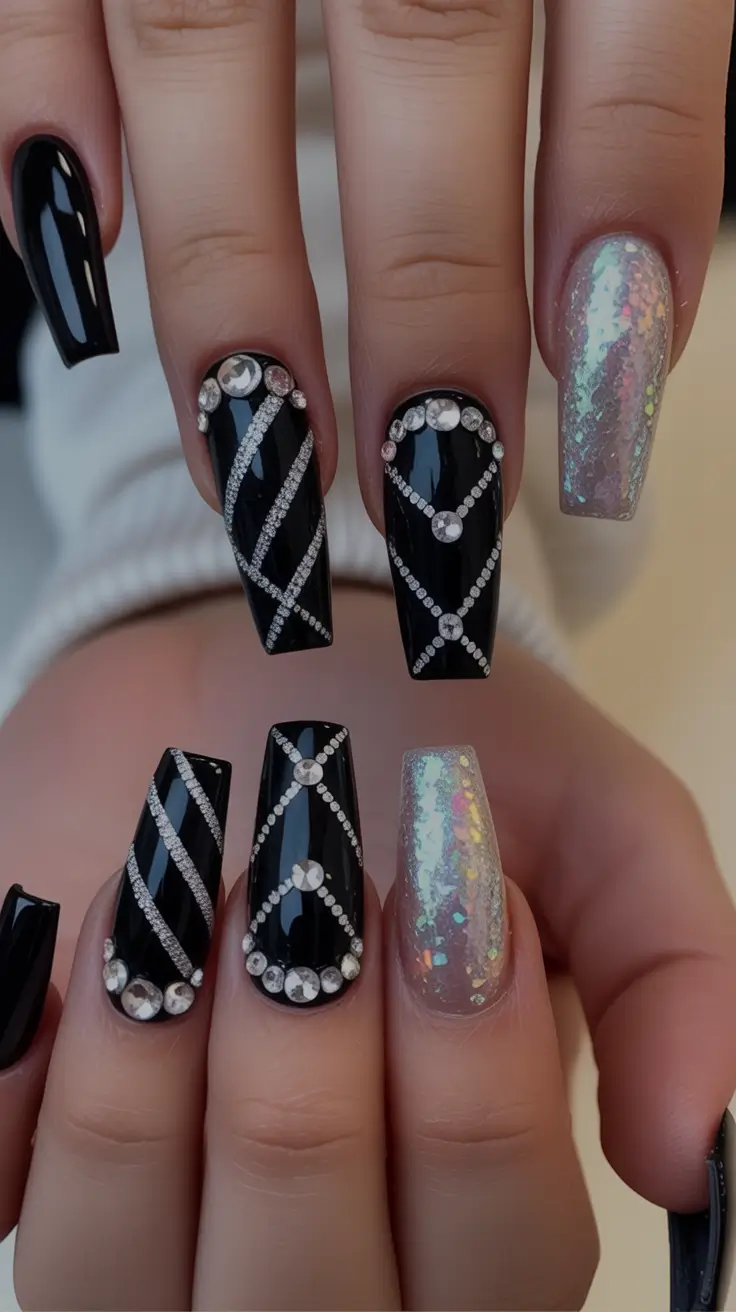 black christmas nails Diamond Grid Elegance