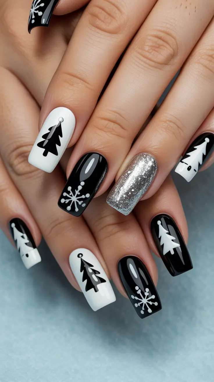 black christmas nails Monochrome Forest Charm