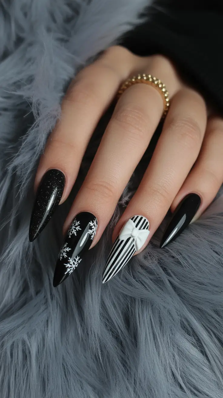 black christmas nails Striped Gift Bow Glamour