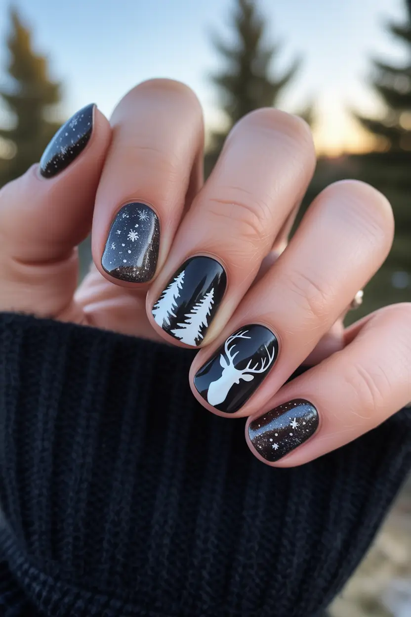 black christmas nails Winter Woodland Magic