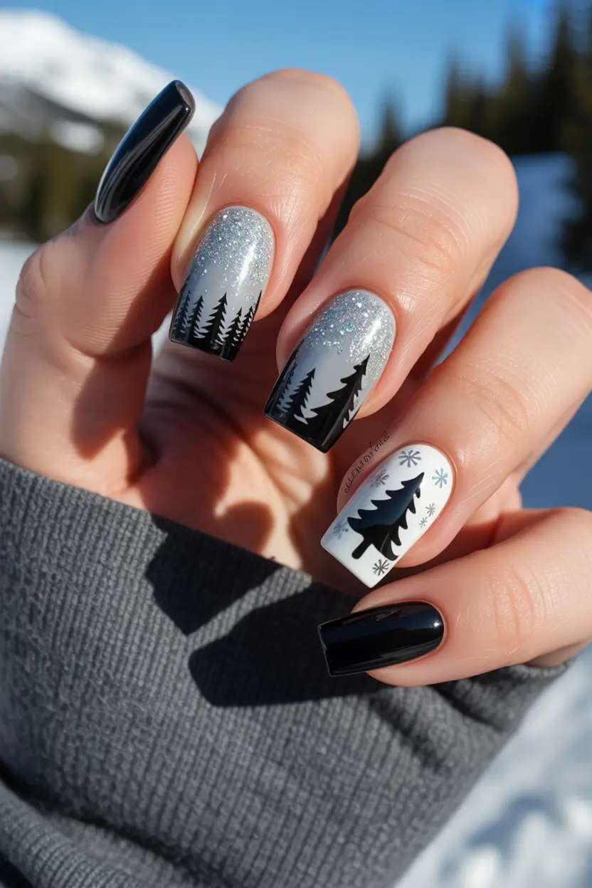 black christmas nails Snowy Pine Gradient