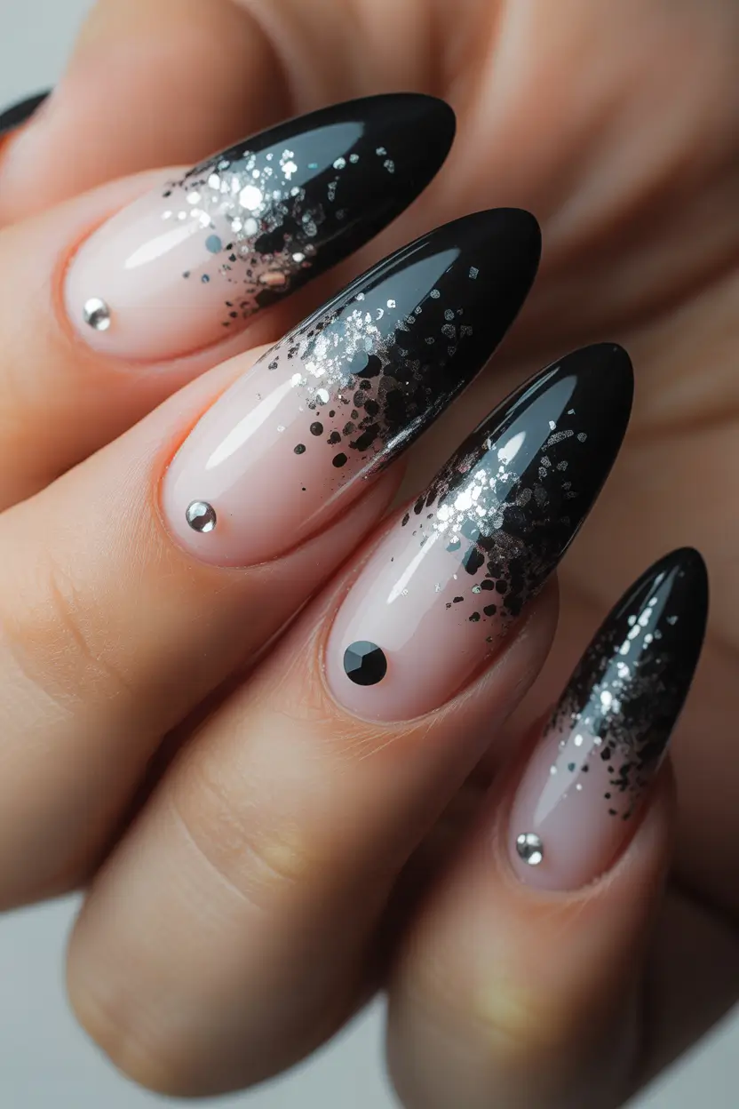 black christmas nails Midnight Glitter Fade
