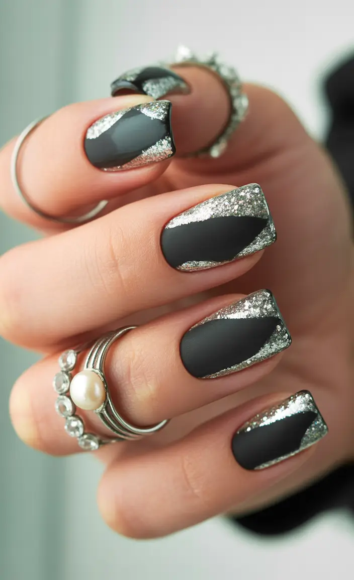 black christmas nails Silver Veil Geometry