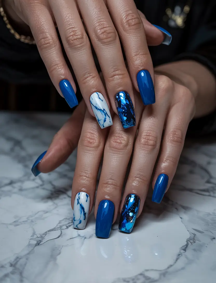 blue christmas nails Blue Marble Luxe