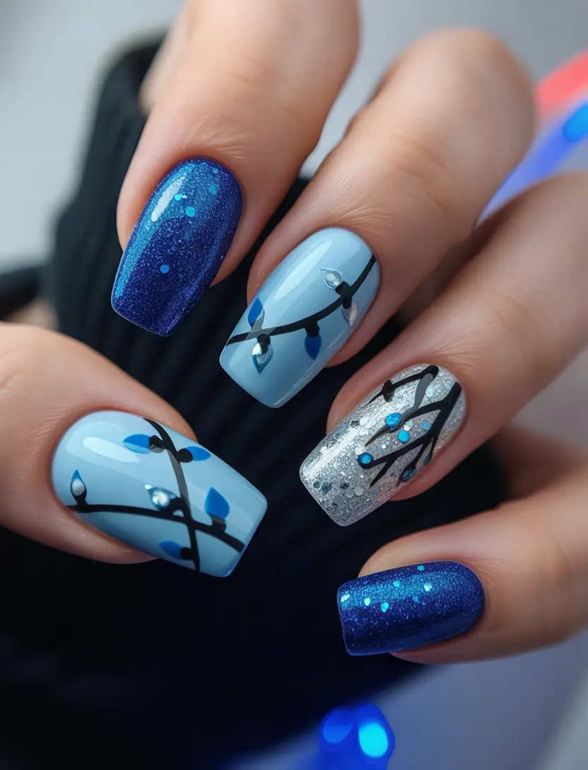blue winter nails twinkling lights fantasy