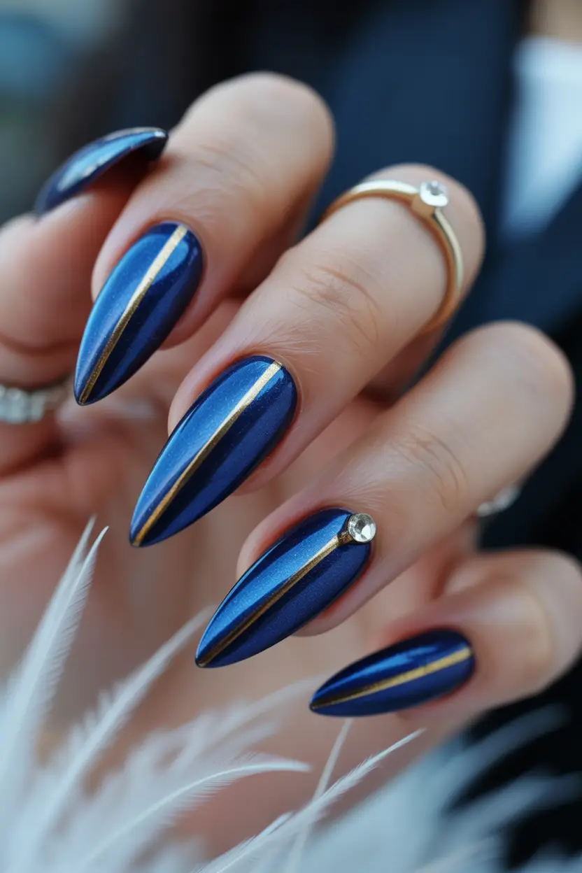 blue winter nails golden royal lines