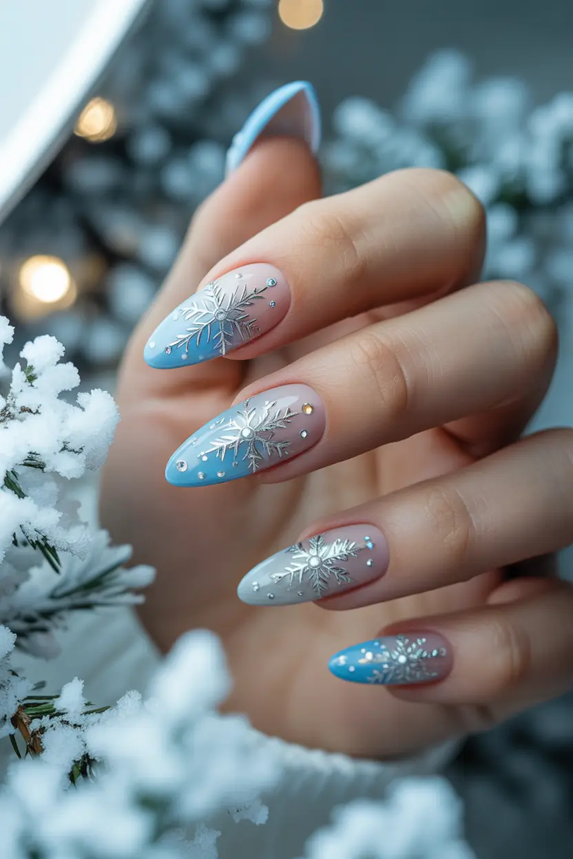 blue winter nails frosted sky snowflakes