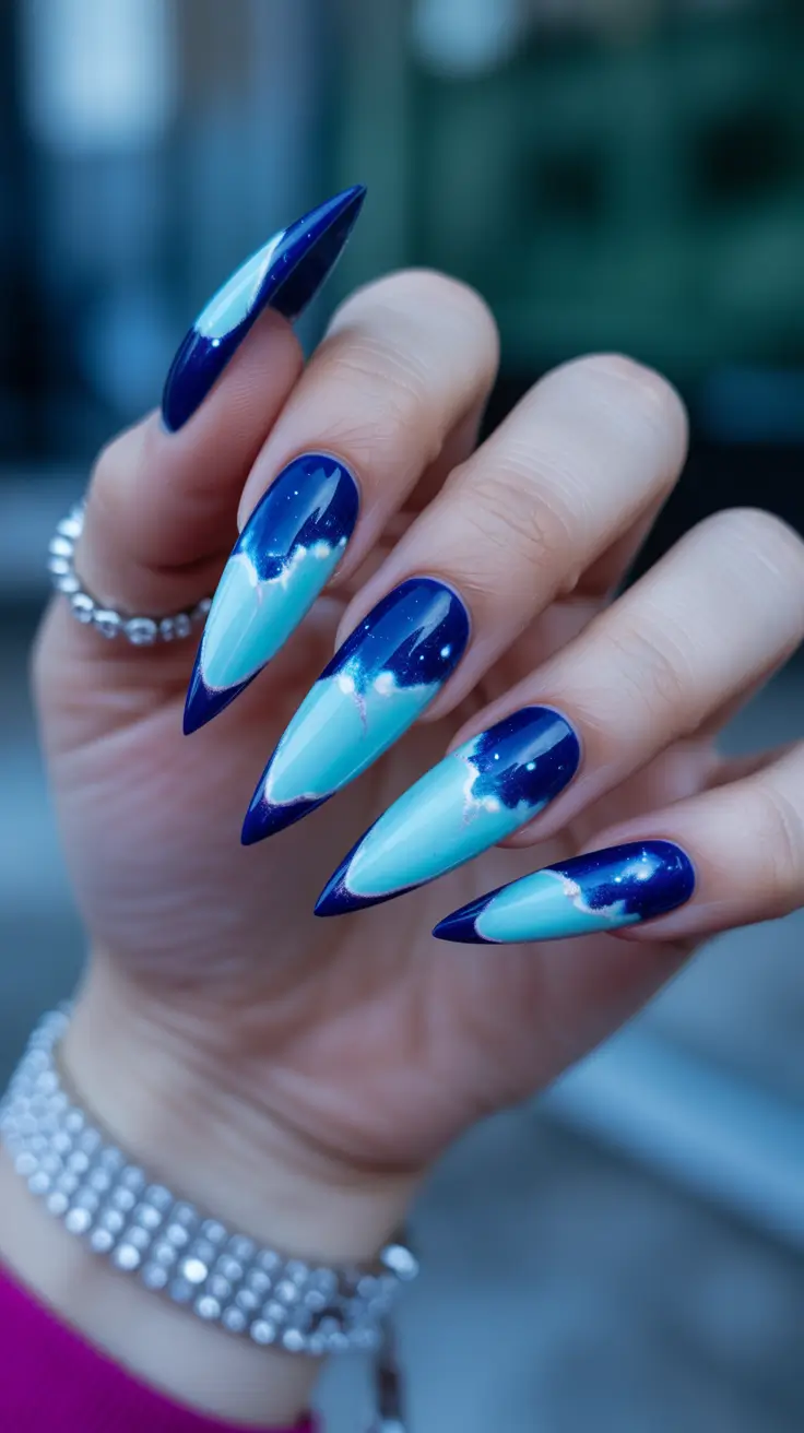 blue winter nails northern lights glow