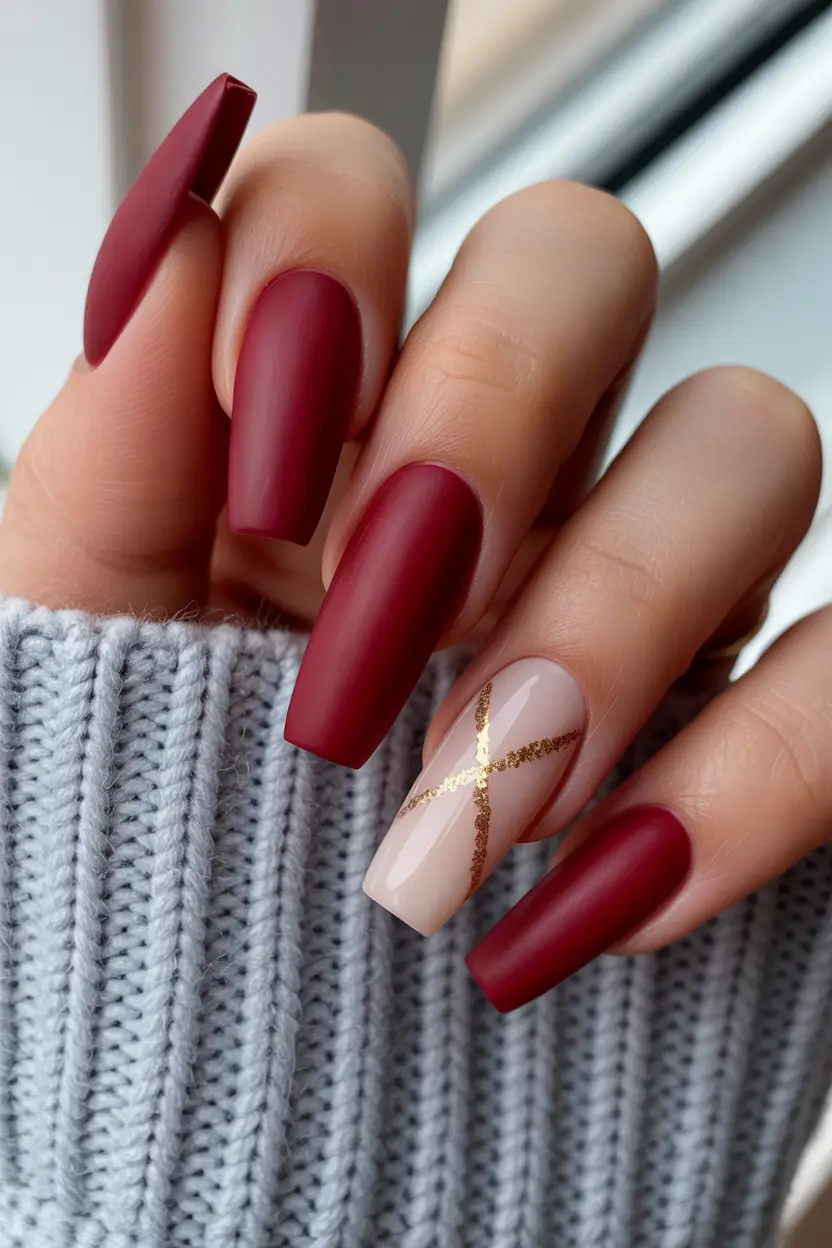 Burgundy Nail Colors for Winter Matte Merlot and Golden Cross
