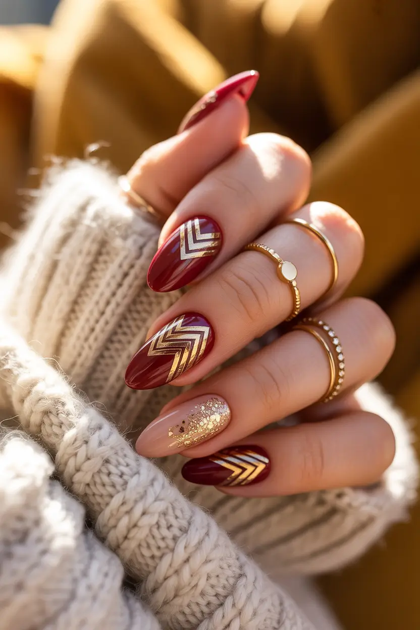 Burgundy Nail Colors for Winter Golden Chevron Glam