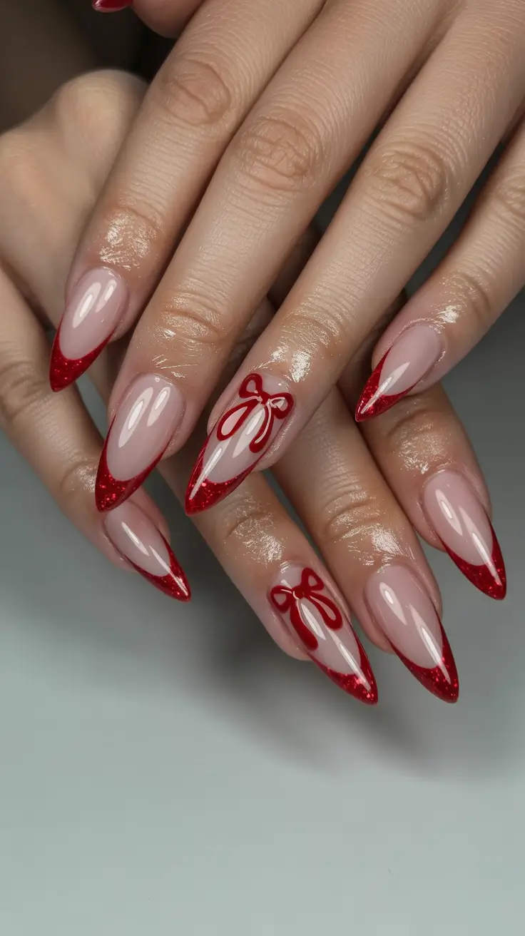 christmas french nails Red Ribbon Delight