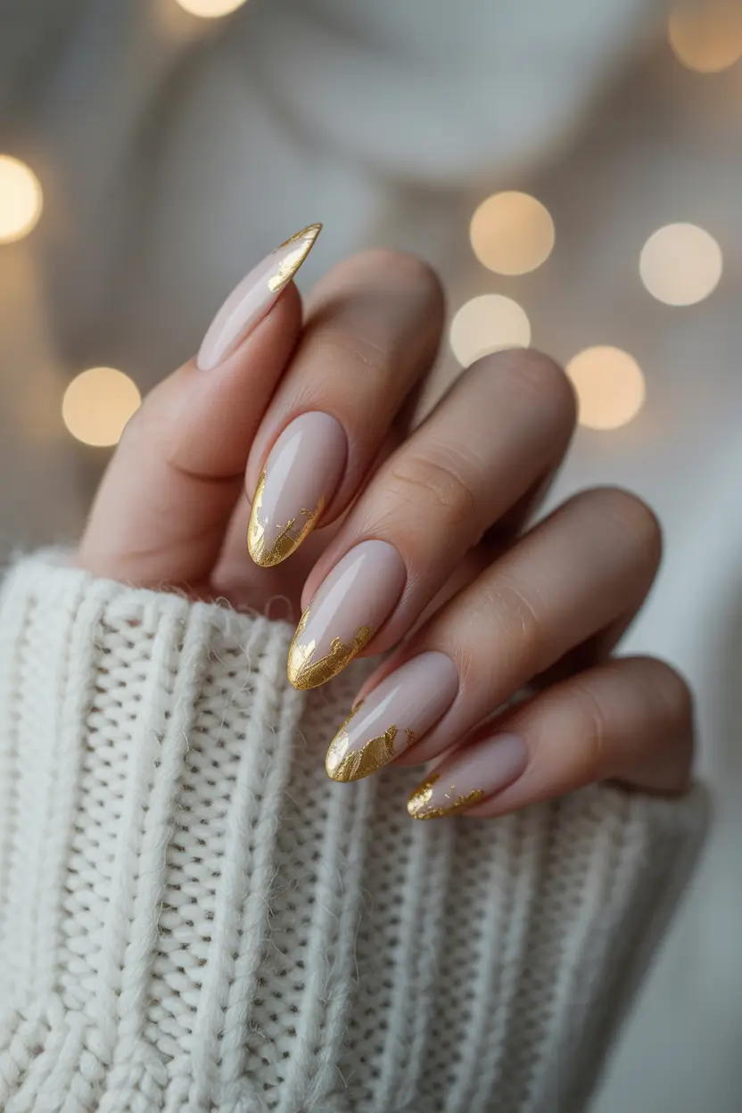 christmas french nails Golden Melted Tips