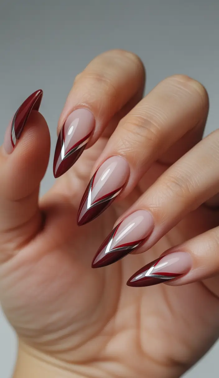 christmas french nails Burgundy V-Shape Elegance