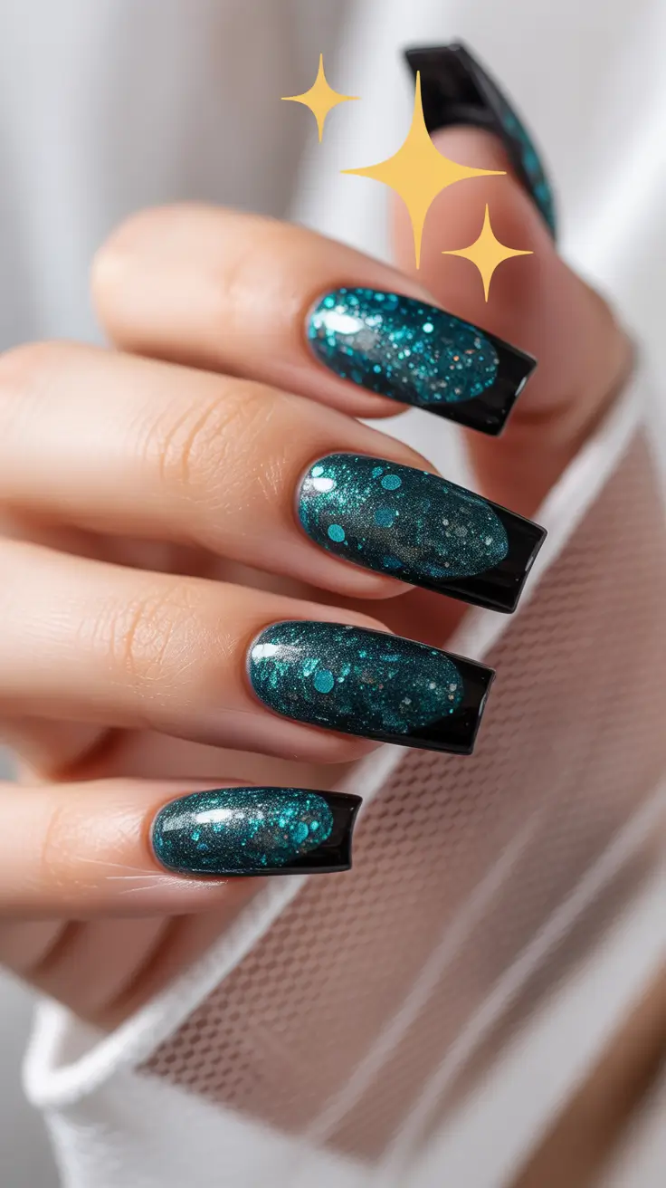 christmas french nails Emerald and Black Sparkle