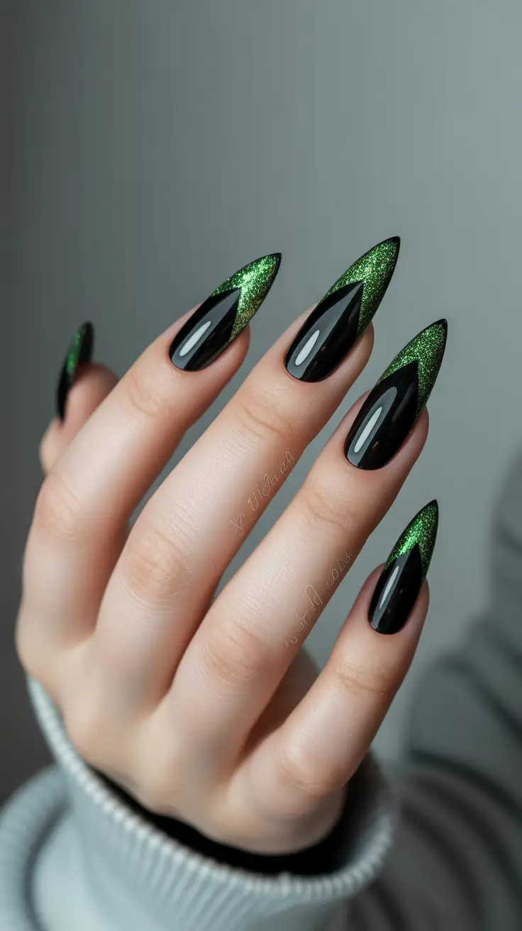 christmas french nails Black and Glittering Green Edge