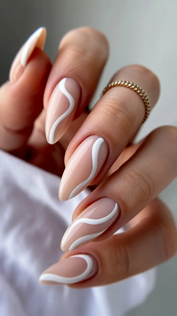 christmas gel nails Minimal White Waves on Nude Base