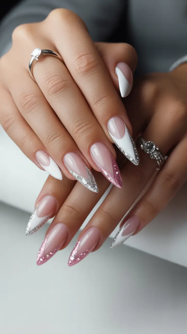 christmas gel nails Frosted French Sparkle