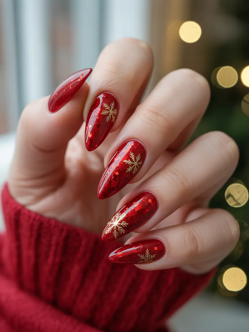 christmas gel nails Classic Red with Golden Spark