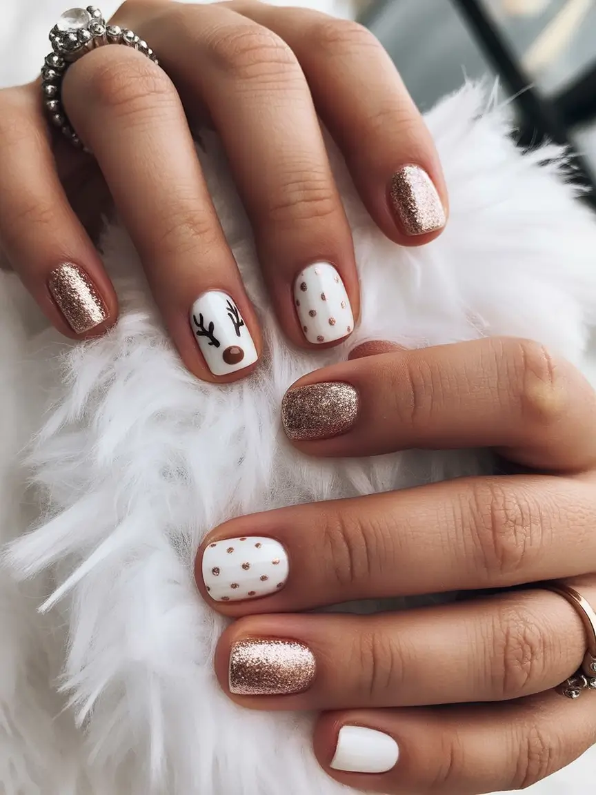 christmas gel nails Rose Gold Reindeer Charm