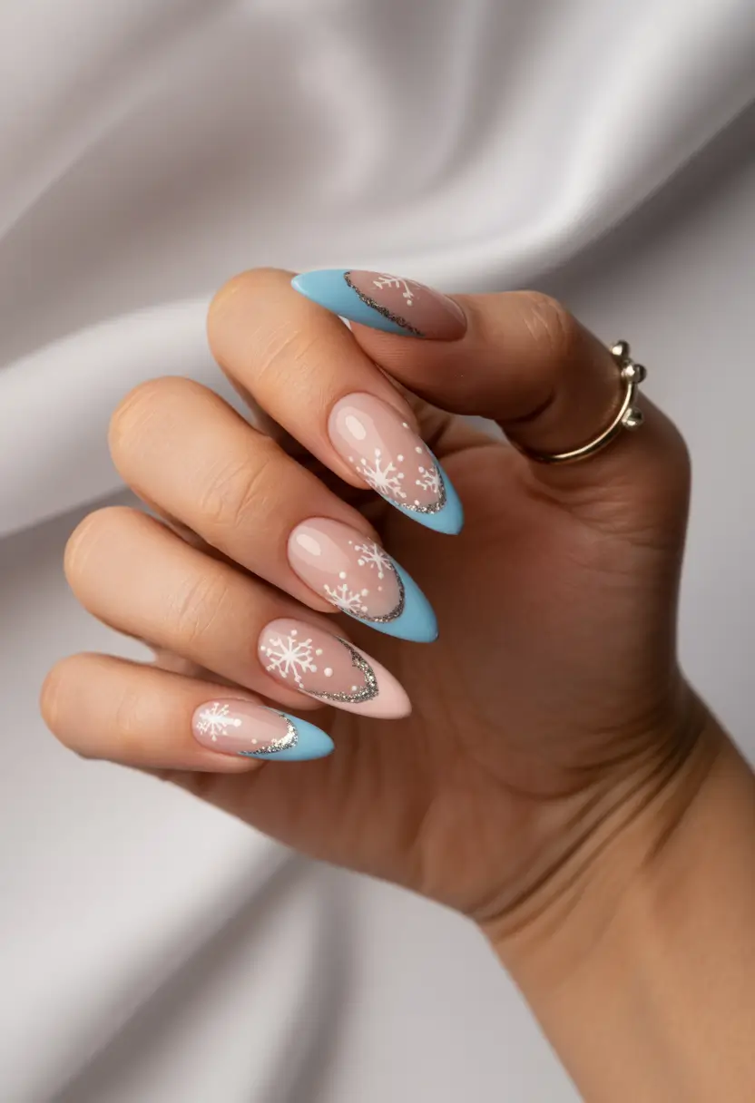 christmas gel nails Frosty Blue French Tips