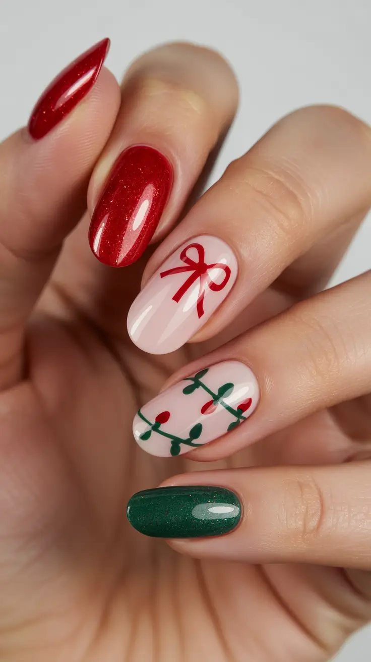 christmas gel nails Festive Ribbon & Lights
