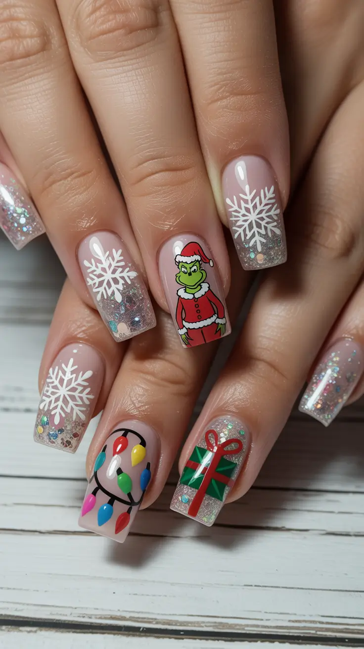 christmas nail art The Grinch’s Glittery Mischief