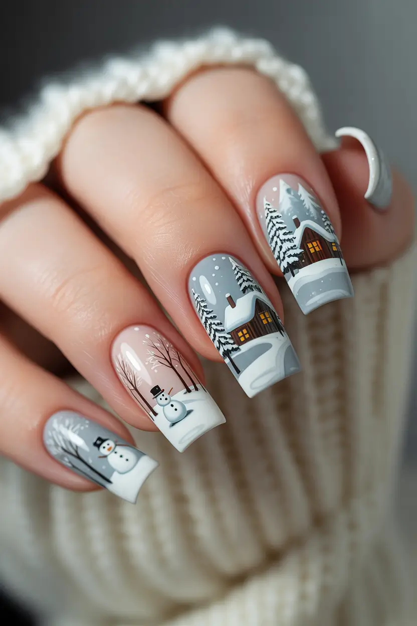 christmas nail art Winter Wonderland Cabins