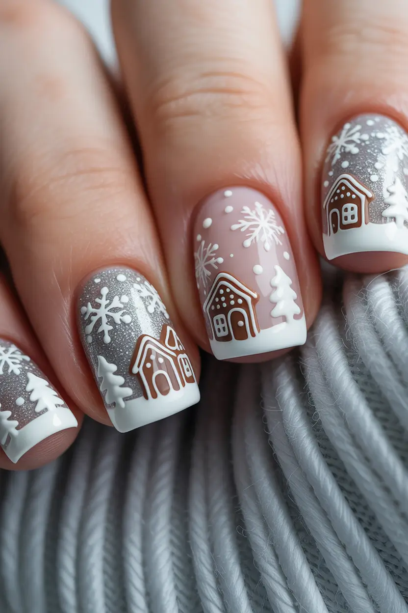 christmas nail art Gingerbread House Magic
