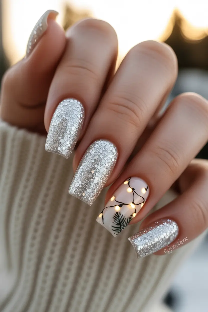 christmas nail color ideas 2025 Silver Glow Garland