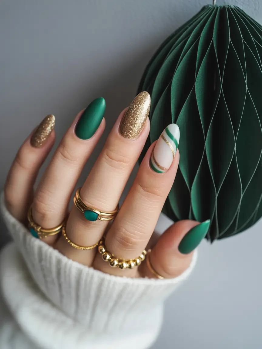 christmas nail color ideas 2025 Emerald and Gold Harmony
