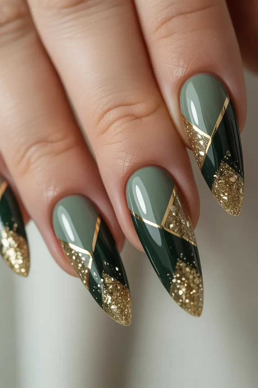 christmas nail color ideas 2025 Golden Geometric Forest