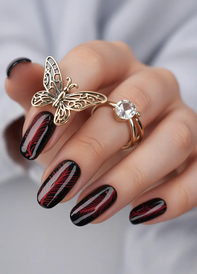 christmas nail color ideas 2025 Velvet Red Feather