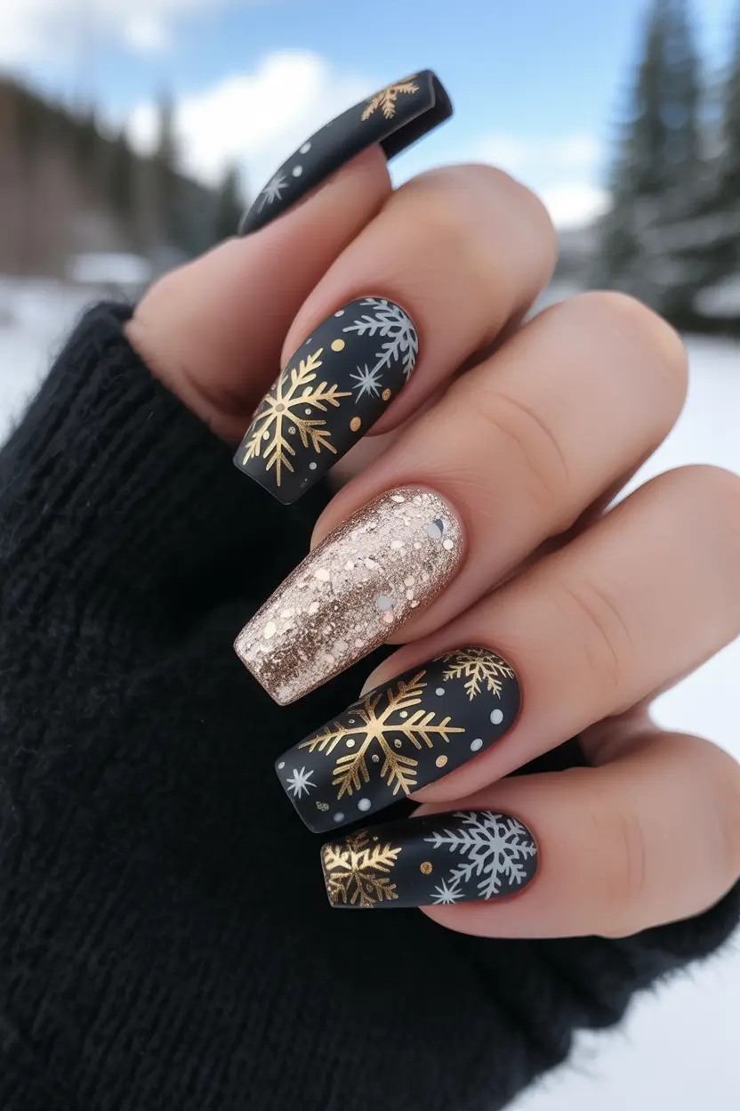 christmas nail color ideas 2025 Midnight Gold Frost
