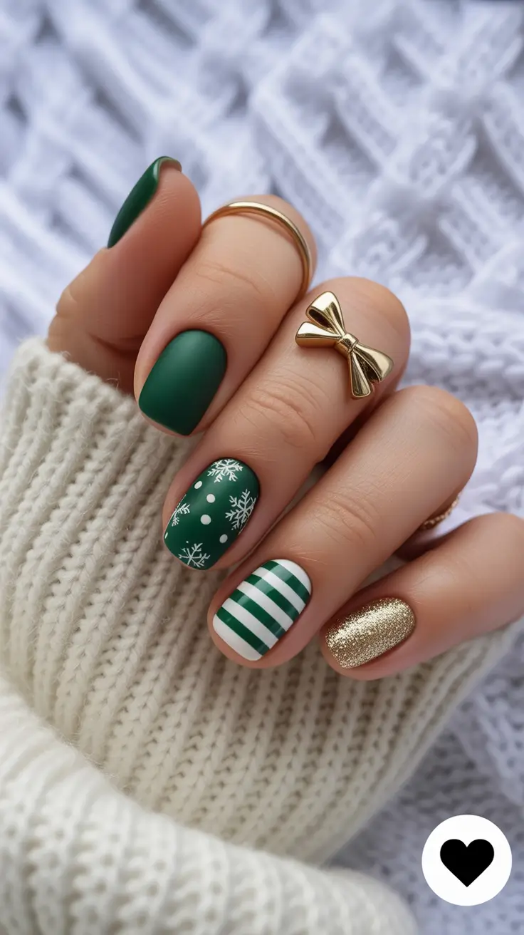 christmas nail color ideas 2025 Evergreen Stripes & Snow